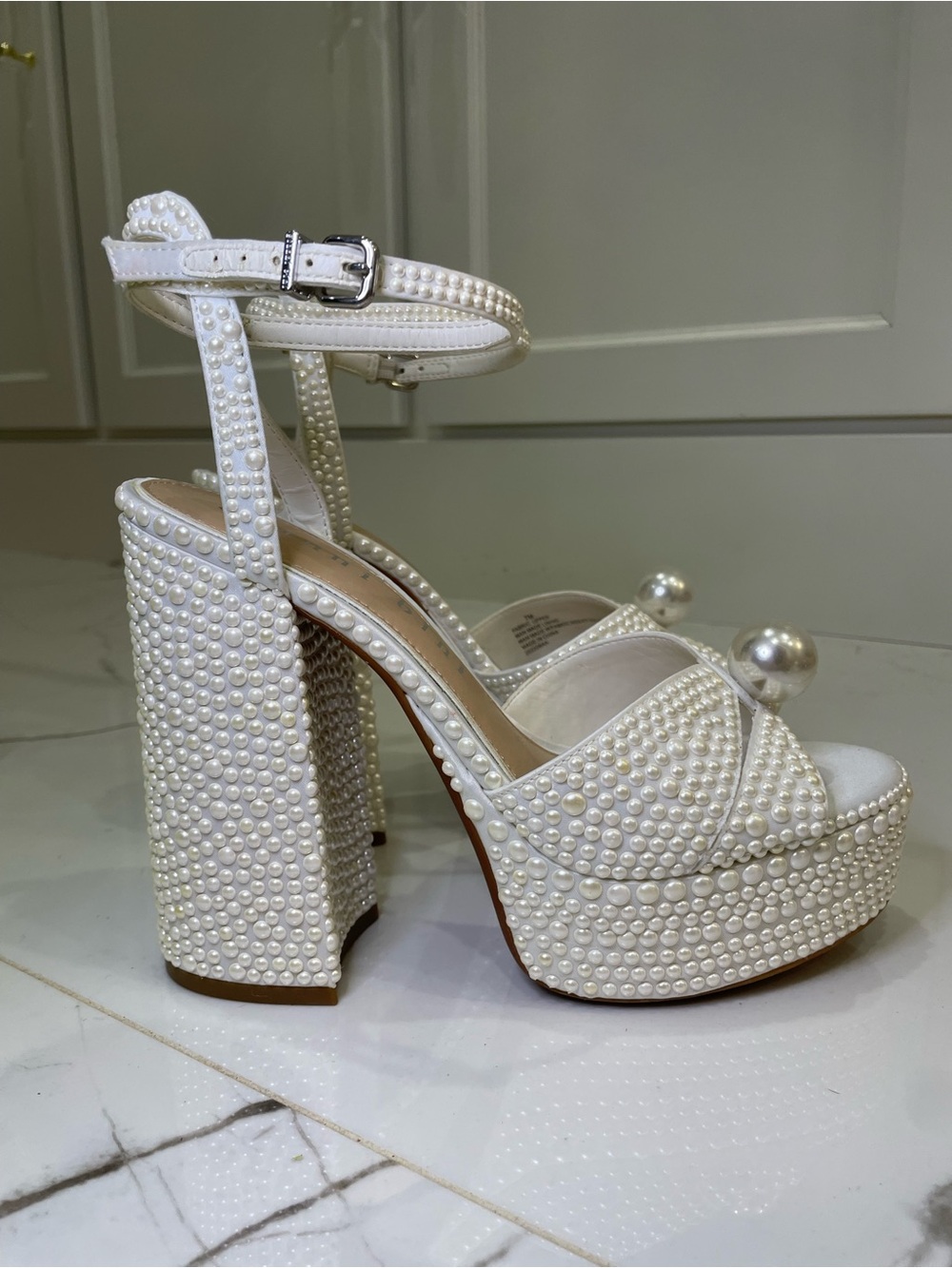 Gianni Bini White Pearl-Studded Platform Sandals - Picture 3 of 5
